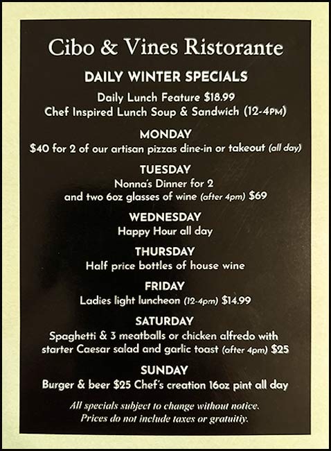 Daily winter specials menu